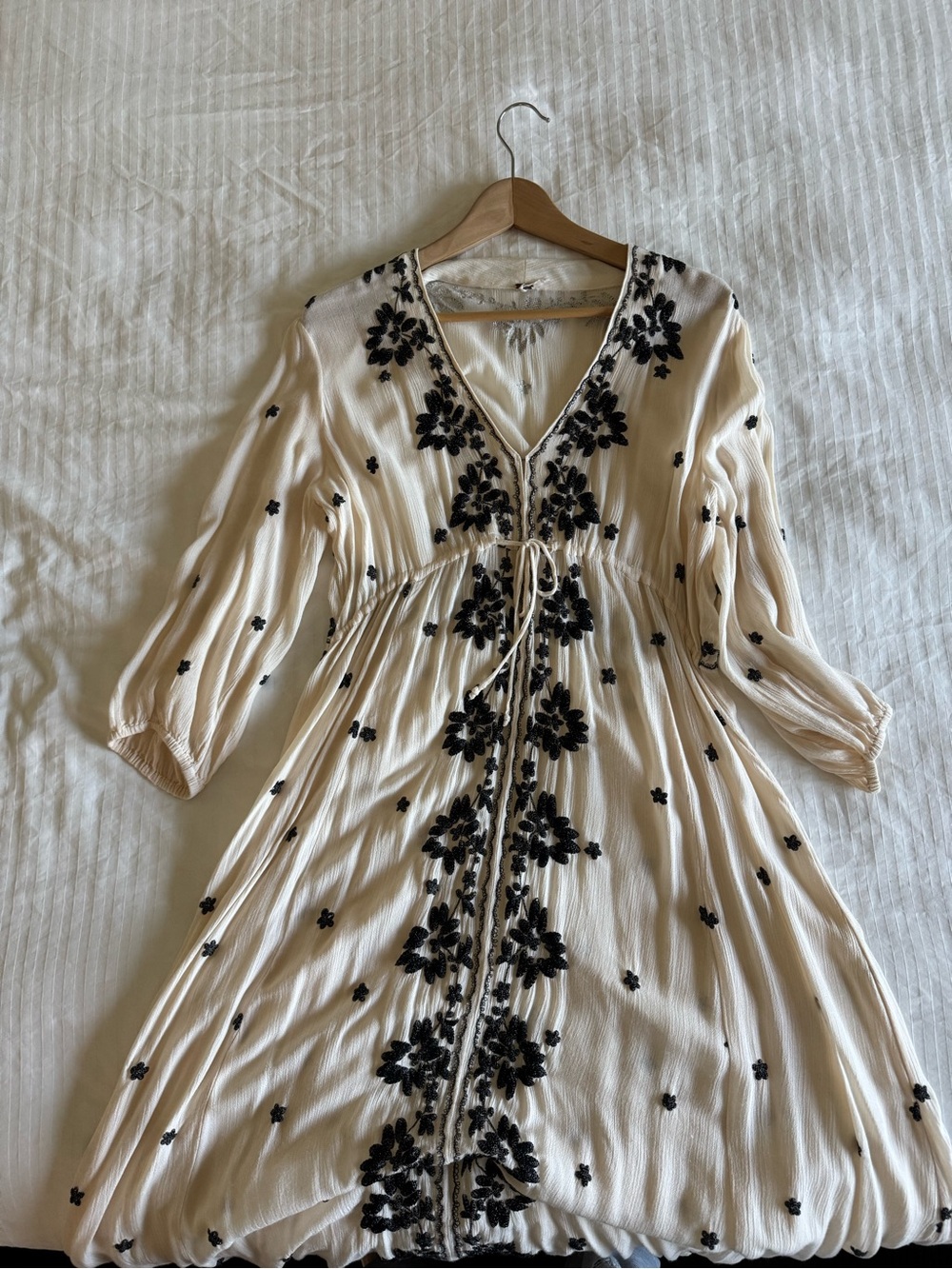 Free People Cream Midi Dress with Black Floral Embroidery